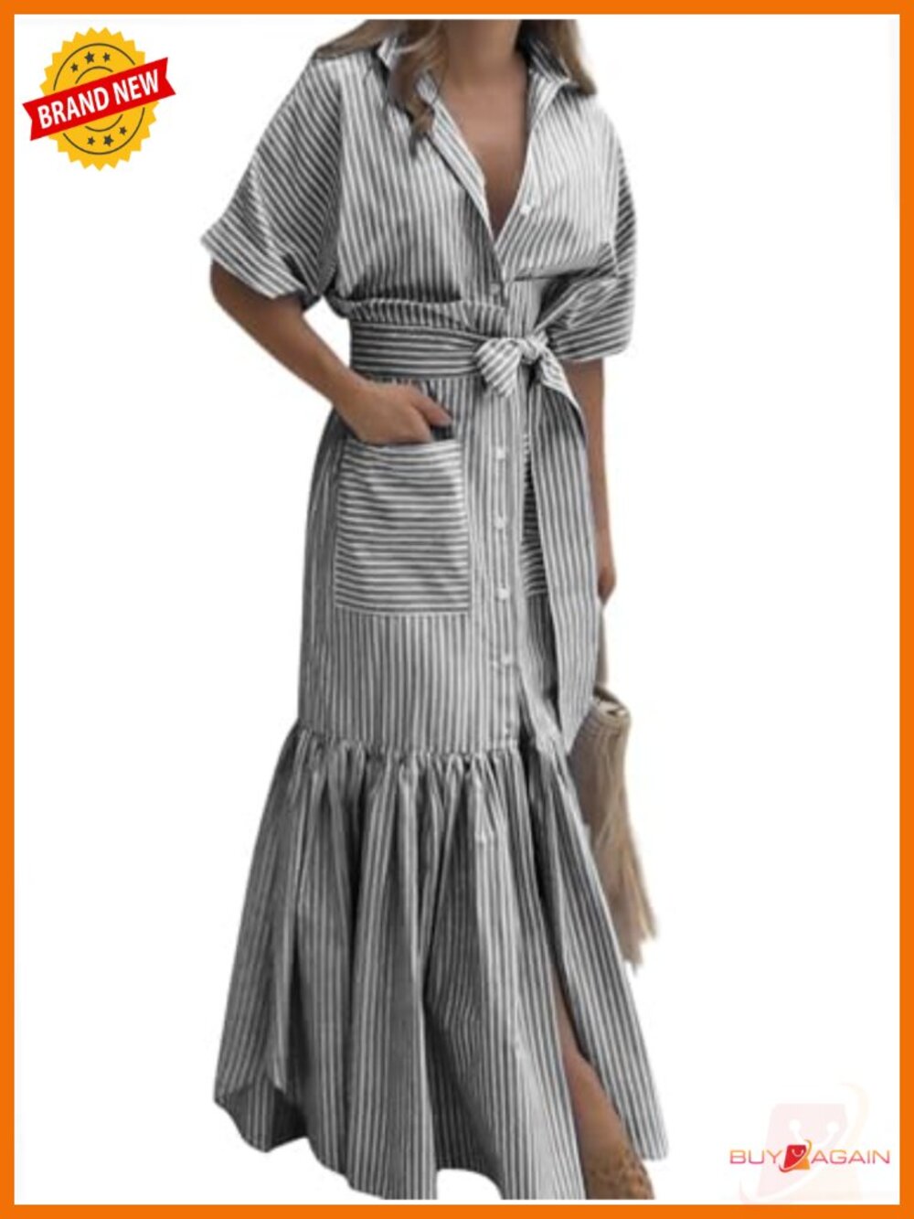 Women's Cotton Striped Button Down Maxi Shirt Dress Tie Waist Pockets